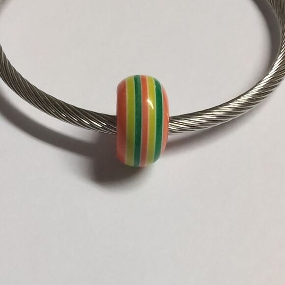 Orange Green Yellow Striped Charm for Pandora Style Bracelet - Picture 1 of 5